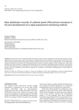 New Distribution Records of Collared Petrel (Pterodroma Brevipes) in Fiji and Development of a Rapid Assessment Monitoring Method
