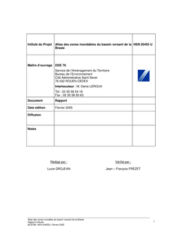I Intitulé Du Projet Atlas Des Zones Inondables Du Bassin Versant De La Bresle HEN 20455 U Maître D'ouvrage DDE 76 Service D