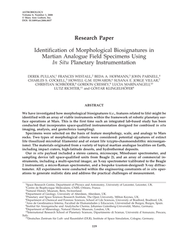 Identification of Morphological Biosignatures in Martian Analogue Field Specimens Using in Situ Planetary Instrumentation