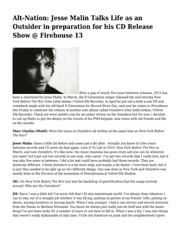 Alt-Nation: Jesse Malin Talks Life As an Outsider in Preparation for His CD Release Show @ Firehouse 13