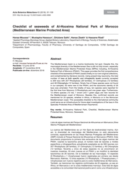 Checklist of Seaweeds of Al-Hoceima National Park of Morocco (Mediterranean Marine Protected Area)