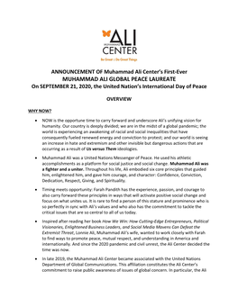 MUHAMMAD ALI GLOBAL PEACE LAUREATE on SEPTEMBER 21, 2020, the United Nation’S International Day of Peace