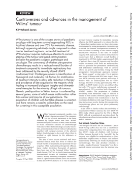 Controversies and Advances in the Management of Wilms' Tumour