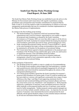 South East Marine Parks Working Group Final Report, 10 June 2009