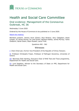 Health and Social Care Committee Oral Evidence: Management of the Coronavirus Outbreak, HC 36