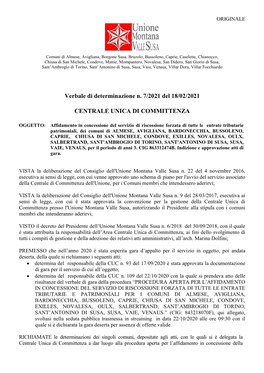 Verbale Di Determinazione N. 7/2021 Del 18/02/2021 CENTRALE