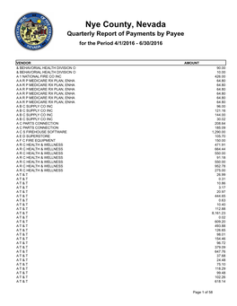 Nye County, Nevada Quarterly Report of Payments by Payee for the Period 4/1/2016 - 6/30/2016
