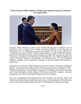 Visit of External Affairs Minister of India, Smt. Sushma Swaraj, to Uzbekistan (4-5 August 2018)