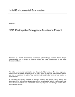 Initial Environmental Examination NEP: Earthquake Emergency Assistance Project