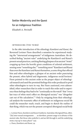 Settler Modernity and the Quest for an Indigenous Tradition Elizabeth A