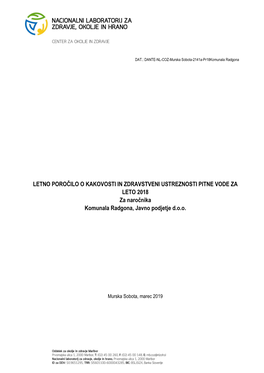 Letno Poročilo O Zdravstveni Ustreznosti Pitne Vode