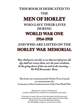 Men of Horley Who Gave Their Lives During World War One 1914-1918 and Who Are Listed on the Horley War Memorial