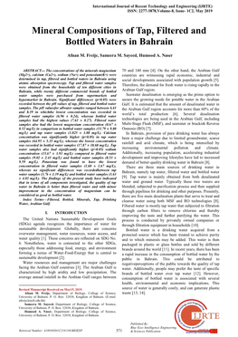 Mineral Compositions of Tap, Filtered and Bottled Waters in Bahrain