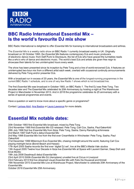 BBC Radio International Essential Mix – Is the World's Favourite DJ Mix Show Essential Mix Notable Dates