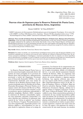 Nuevas Citas De Líquenes Para La Reserva Natural De Punta Lara, Provincia De Buenos Aires, Argentina