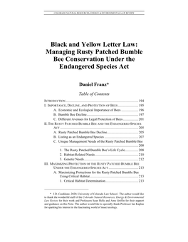 Black and Yellow Letter Law: Managing Rusty Patched Bumble Bee Conservation Under the Endangered Species Act
