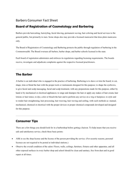 Barbers Consumer Fact Sheet Board of Registration of Cosmetology and Barbering