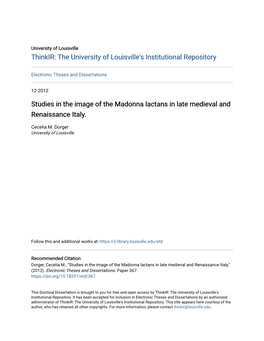 Studies in the Image of the Madonna Lactans in Late Medieval and Renaissance Italy