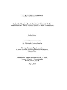 Leslieville: a Neighbourhood in Transition, a Community Divided Understanding the Changing Politics A/Space in a Toronto Neighbourhood