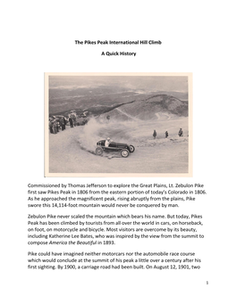 The Pikes Peak International Hill Climb a Quick History Commissioned by Thomas Jefferson to Explore the Great Plains, Lt. Zebulo