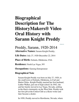 Biographical Description for the Historymakers® Video Oral History with Sarann Knight Preddy