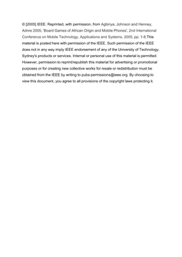 Board Games of African Origin and Mobile Phones', 2Nd International Conference on Mobile Technology, Applications and Systems, 2005, Pp