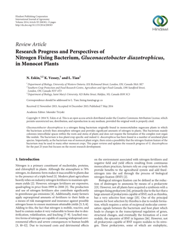 Research Progress and Perspectives of Nitrogen Fixing Bacterium, Gluconacetobacter Diazotrophicus, in Monocot Plants