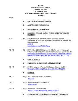 COUNCIL MEETING OCTOBER 22, 2019 NORTHERN SUNRISE COUNTY COUNCIL CHAMBER 9:30 AM Page