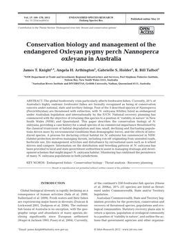 Conservation Biology and Management of the Endangered Oxleyan Pygmy Perch Nannoperca Oxleyana in Australia