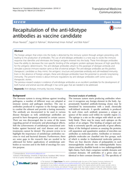 Recapitulation of the Anti-Idiotype Antibodies As Vaccine Candidate Ahsan Naveed1*, Sajjad Ur Rahman1, Muhammad Imran Arshad1 and Bilal Aslam2