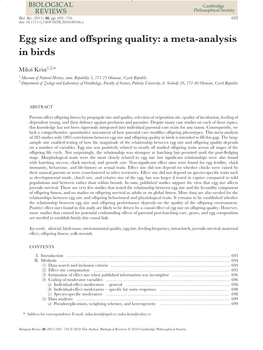 Egg Size and Offspring Quality: a Metaanalysis in Birds