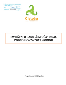 Izvještaj O Radu „Čistoća“ Doo Podgorica Za 2019. Godinu