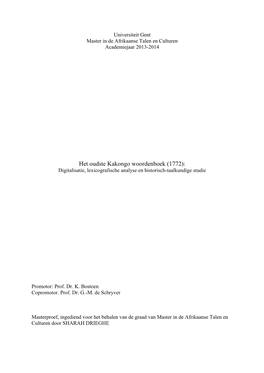 Het Oudste Kakongo Woordenboek (1772): Digitalisatie, Lexicografische Analyse En Historisch-Taalkundige Studie