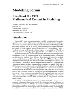 Modeling Forum Results of the 1999 Mathematical Contest in Modeling