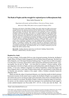 The Bank of Naples and the Struggle for Regional Power in Risorgimento Italy Maria Stella Chiaruttini*