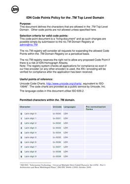 IDN Code Points Policy for the .TM Top Level Domain