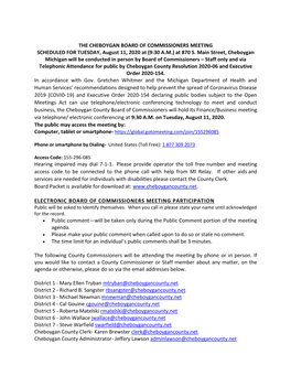 THE CHEBOYGAN BOARD of COMMISSIONERS MEETING SCHEDULED for TUESDAY, August 11, 2020 at (9:30 A.M.) at 870 S