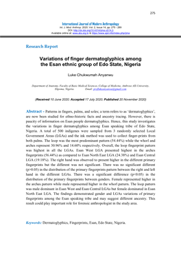 Variations of Finger Dermatoglyphics Among the Esan Ethnic Group of Edo State, Nigeria