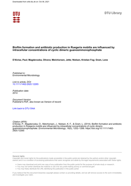 Biofilm Formation and Antibiotic Production in Ruegeria Mobilis Are Influenced by Intracellular Concentrations of Cyclic Dimeric Guanosinmonophosphate