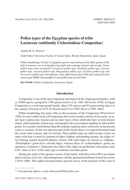 Pollen Types of the Egyptian Species of Tribe Lactuceae (Subfamily Cichorioideae-Compositae)