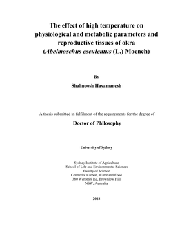 The Effect of High Temperature on Physiological and Metabolic Parameters and Reproductive Tissues of Okra (Abelmoschus Esculentus (L.) Moench)