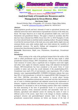 Analytical Study of Groundwater Resources and Its Management in Siwan District, Bihar Shio Kumar Singh Research Scholar, Dept