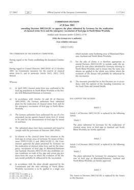 COMMISSION DECISION of 28 June 2002 Amending Decision 2002/161