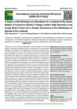 Ekoko II Village) Confirm High Diversity in the Congo Basin Forest and a Greater Dominance in the Distribution of Species in the Lowlands Billy