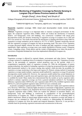 Dynamic Monitoring of Vegetation Coverage by Remote Sensing in Longnan City of Gansu Province Based on VBSI Songlin Zhang , Jinx