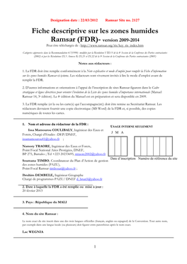 Fiche Descriptive Sur Les Zones Humides Ramsar (FDR)- Version 2009-2014 Peut Être Téléchargée De