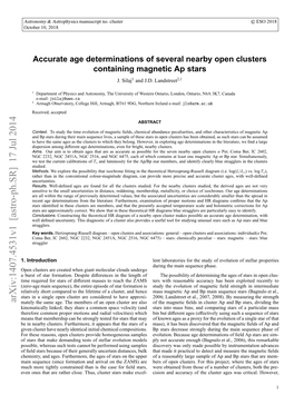 Accurate Age Determinations of Several Nearby Open Clusters Containing Magnetic Ap Stars When We Consulted the Literature for Cluster Ages, We Found Quite (E.G