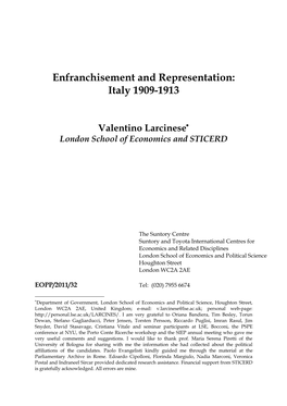 Enfranchisement and Representation: Italy 1909-1913