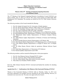 1 Higher Education Commission National Computing Education Accreditation Council (NCEAC) Minutes of the 15Th Meeting of National