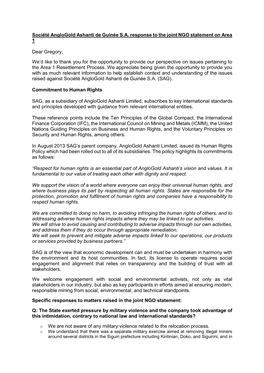 Société Anglogold Ashanti De Guinée S.A. Response to the Joint NGO Statement on Area 1